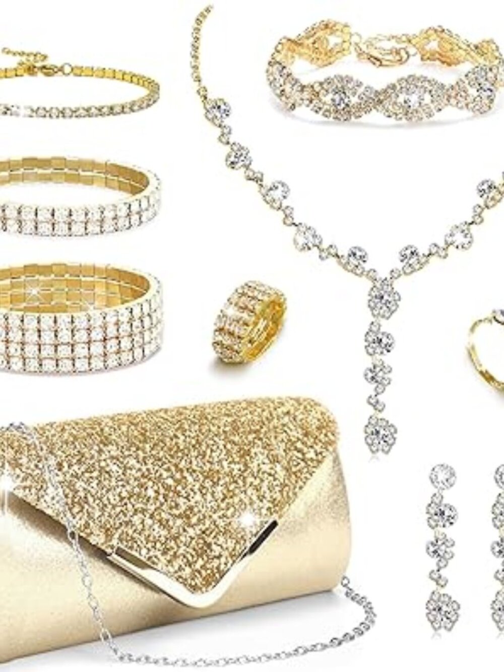 Stunning 9 Piece Complete Jewelry Set with‎ Purse for Wedding or Prom Gold Tone